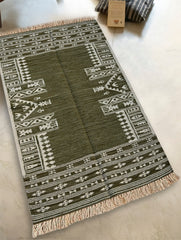 Exclusive Handmade Wool & Cotton Mirzapur Dhurrie Rug  - Olive Acres (5ft x 3ft)