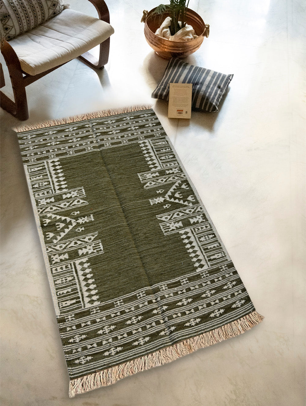 Exclusive Handmade Wool & Cotton Mirzapur Dhurrie Rug  - Olive Acres (5ft x 3ft)