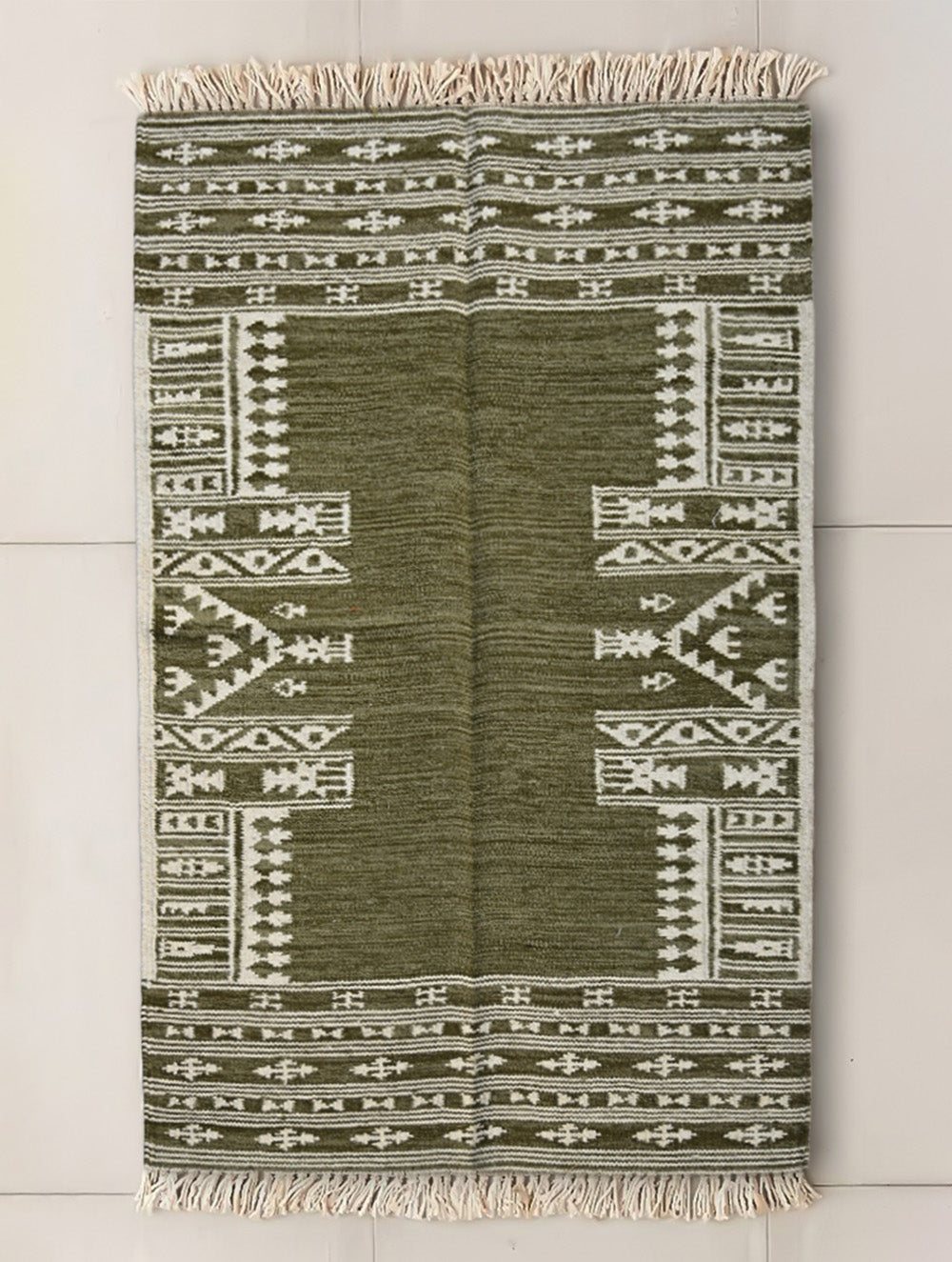 Exclusive Handmade Wool & Cotton Mirzapur Dhurrie Rug  - Olive Acres (5ft x 3ft)
