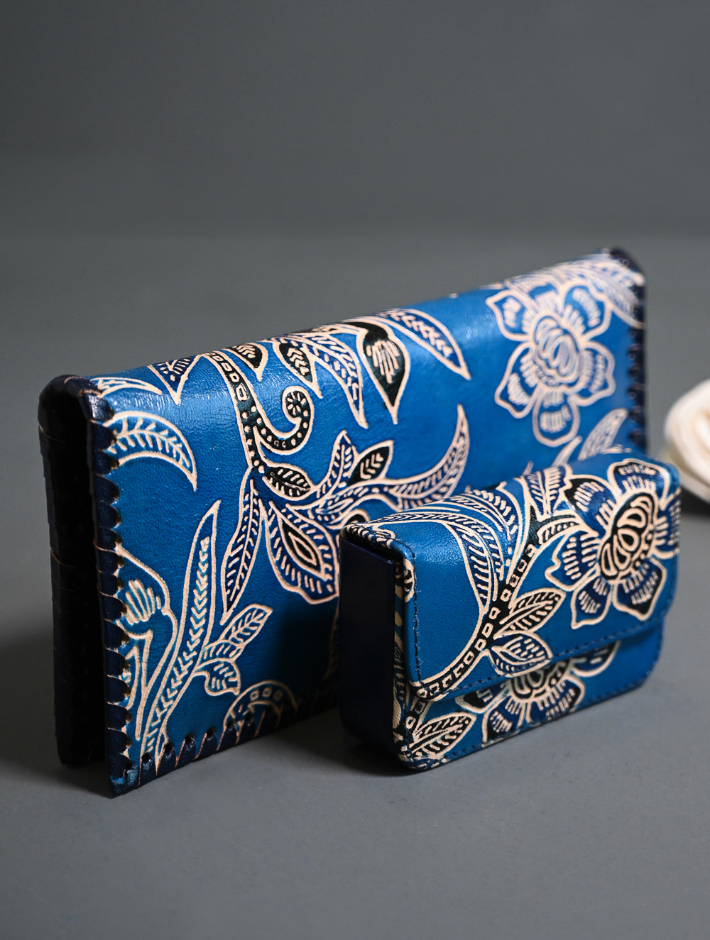 The Traveller’s Collection: Embossed Leather Wallet Set - Blue Flowers (Set of 2).