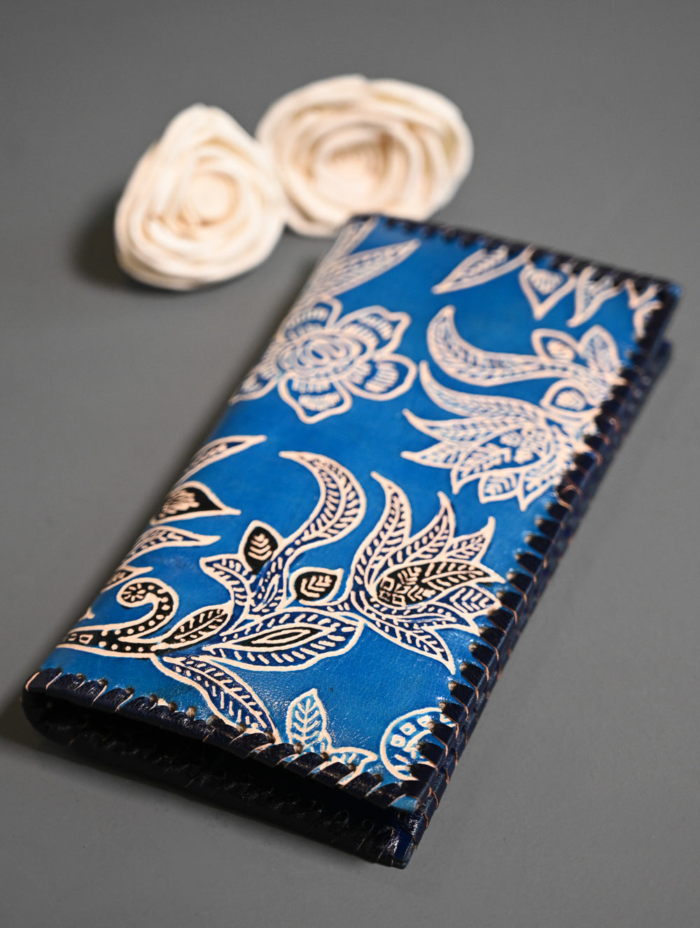 The Traveller’s Collection: Embossed Leather Wallet - Blue Flowers