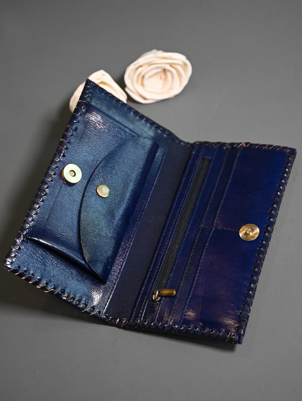 The Traveller’s Collection: Embossed Leather Wallet - Blue Flowers