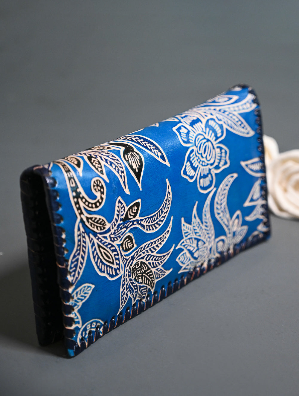 The Traveller’s Collection: Embossed Leather Wallet - Blue Flowers