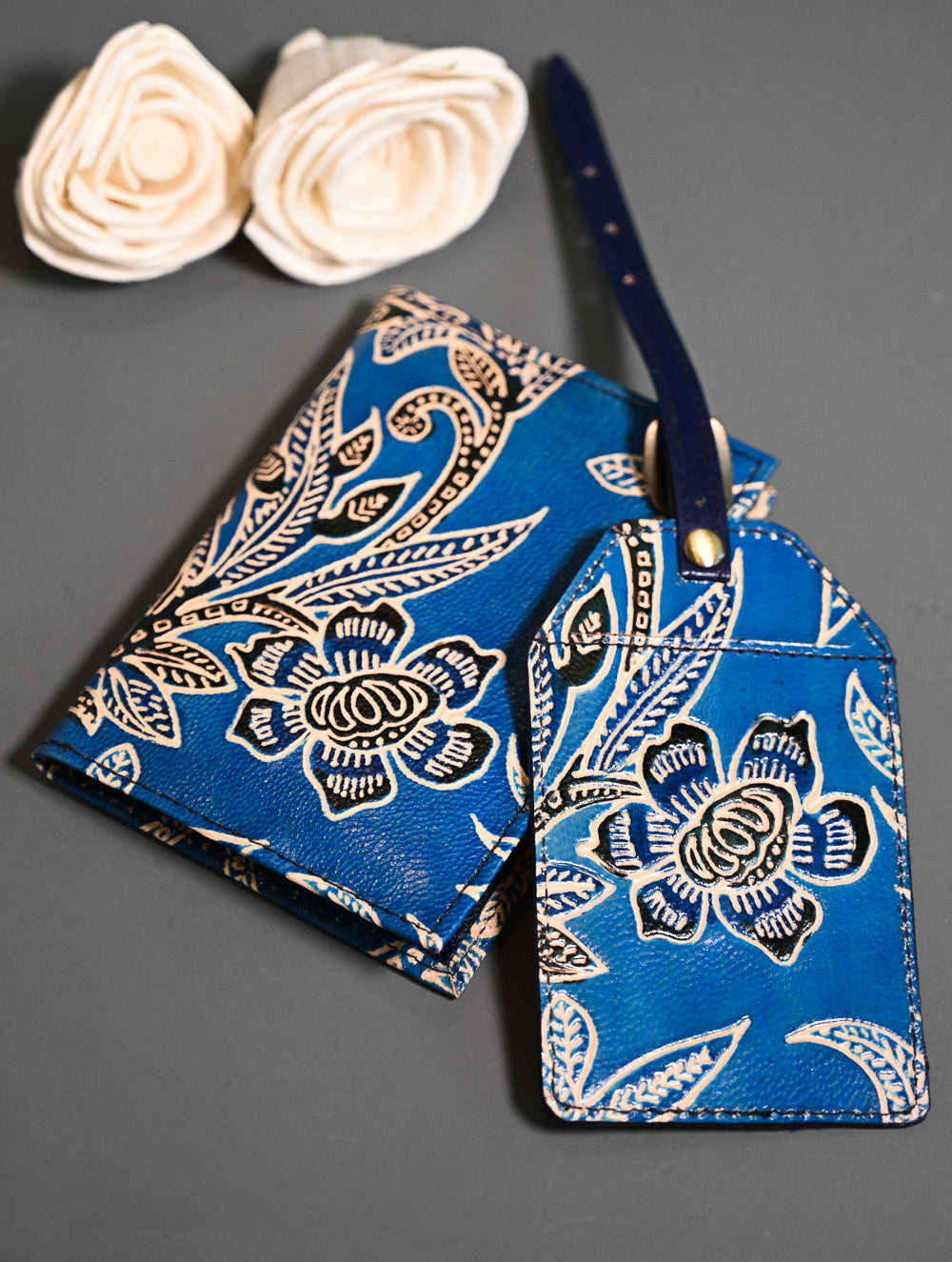 The Traveller’s Collection: Embossed Leather Travel Set - Blue Flowers (Set of 2)