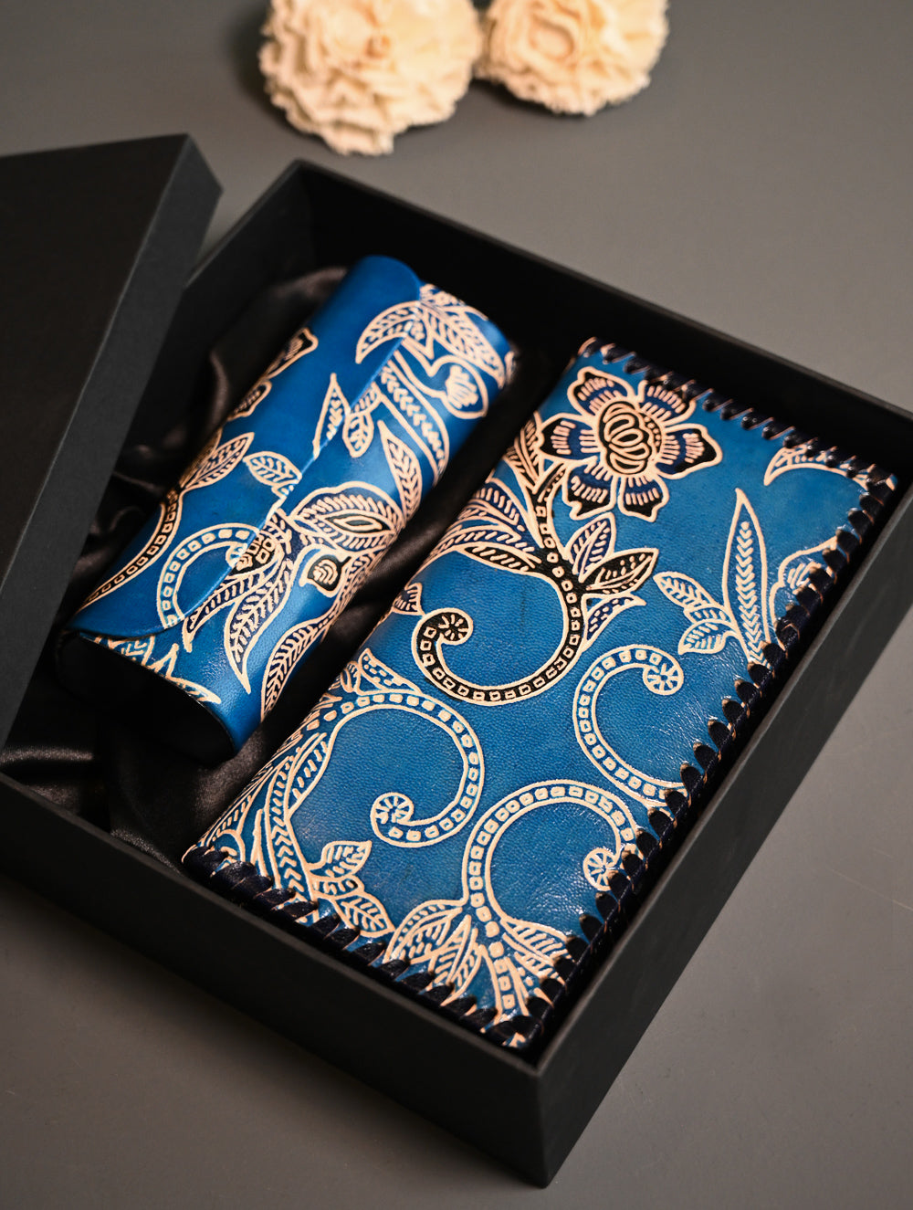 The Traveller’s Collection: Embossed Leather Travel Duo - Blue Flowers (Set of 2)