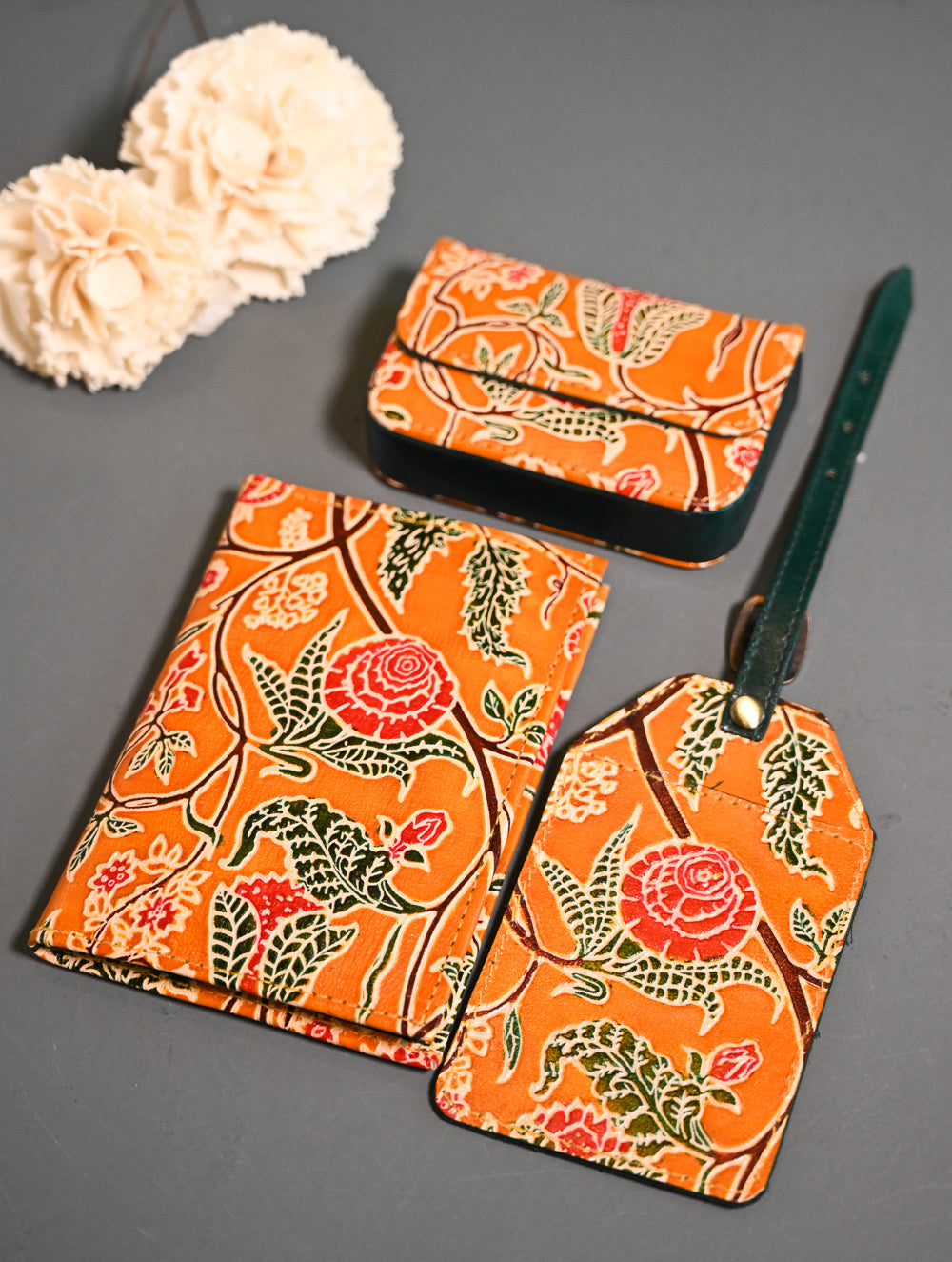 The Traveller’s Collection: Embossed Leather Travel Trio - Marigold Bloom (Set of 3). 