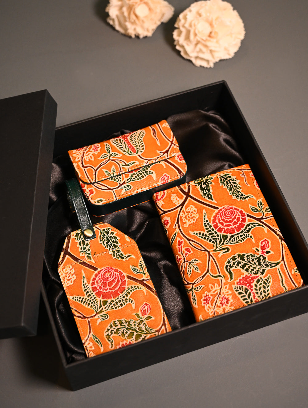The Traveller’s Collection: Embossed Leather Travel Trio - Marigold Bloom (Set of 3). 