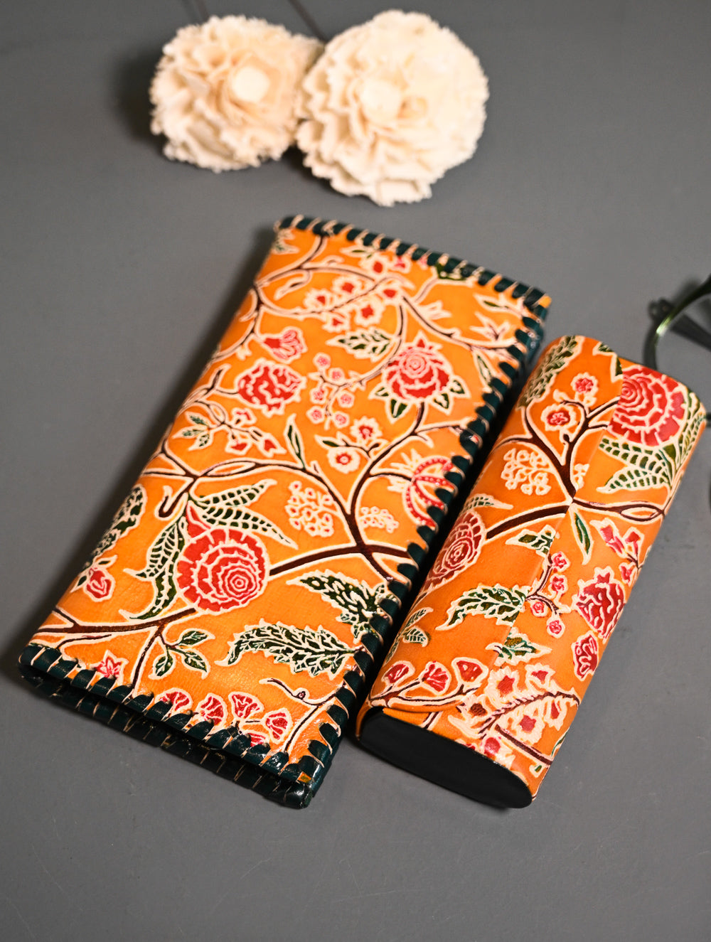 The Traveller’s Collection: Embossed Leather Travel Duo - Marigold Bloom (Set of 2)