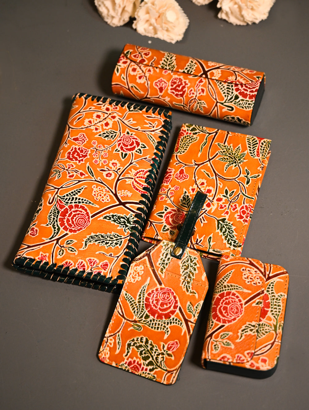 The Traveller’s Collection: Embossed Leather Executive Travel Gift Set - Marigold Bloom (Set of 5)