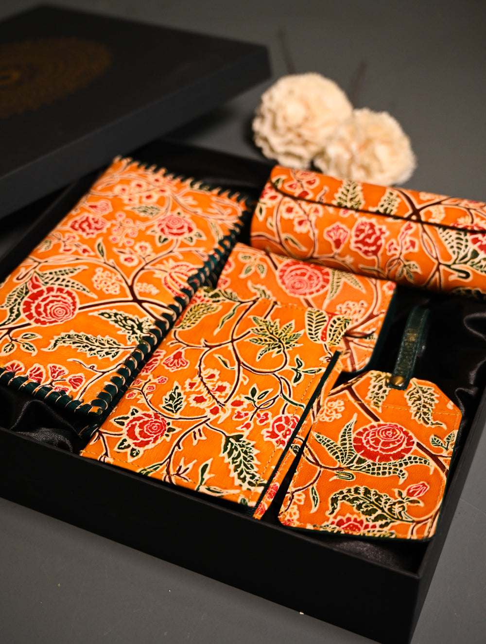 The Traveller’s Collection: Embossed Leather Executive Travel Gift Set - Marigold Bloom (Set of 5)