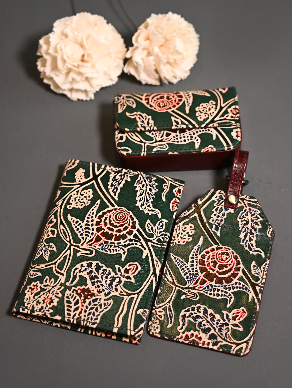 The Traveller’s Collection: Embossed Leather Travel Trio - Emerald Garden (Set of 3)