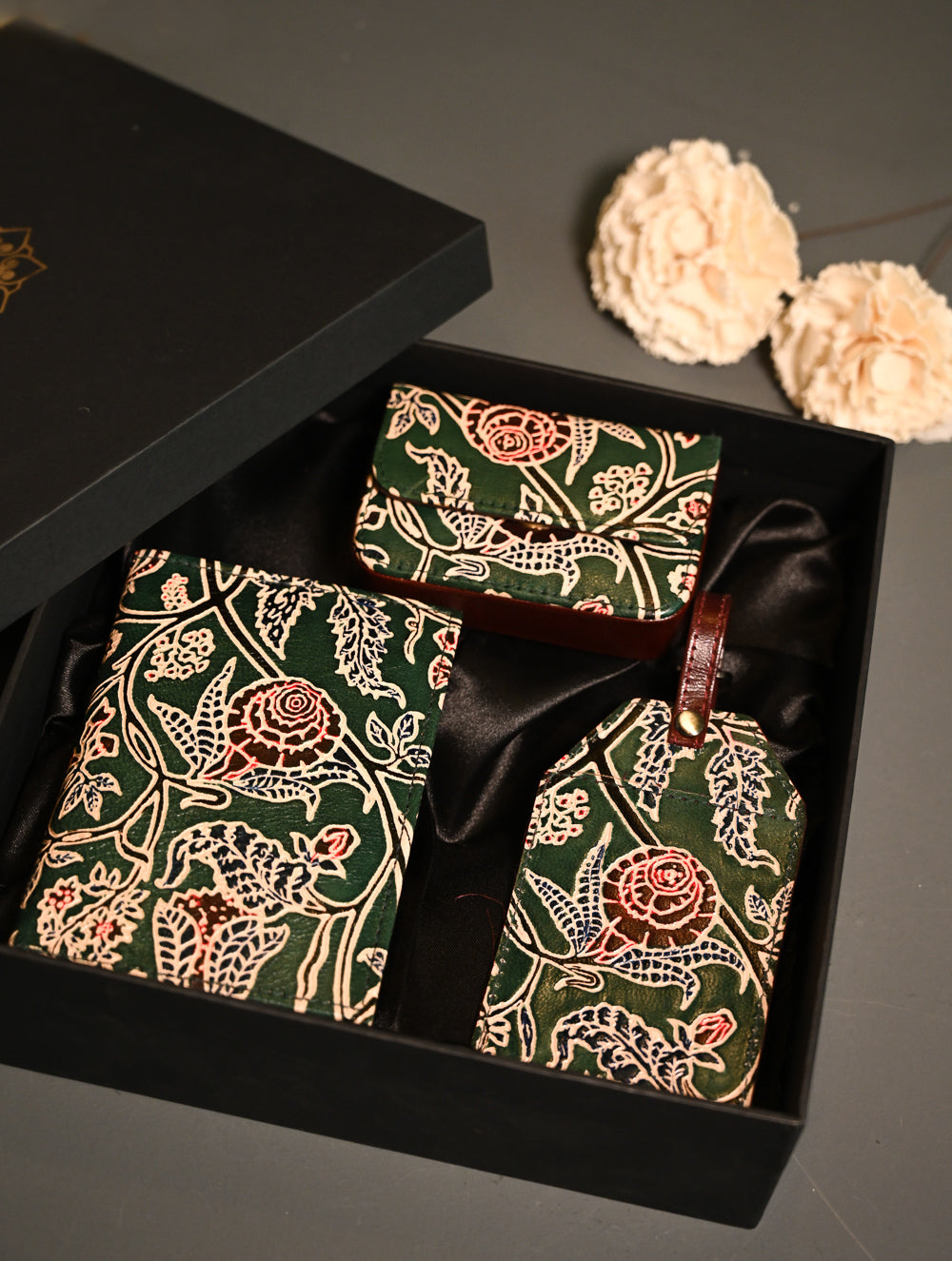 The Traveller’s Collection: Embossed Leather Travel Trio - Emerald Garden (Set of 3)