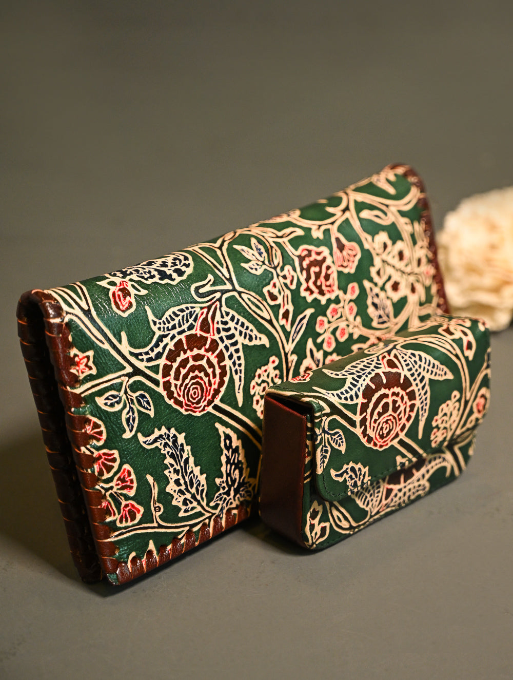 The Traveller’s Collection: Embossed Leather Wallet Set - Emerald Garden (Set of 2)