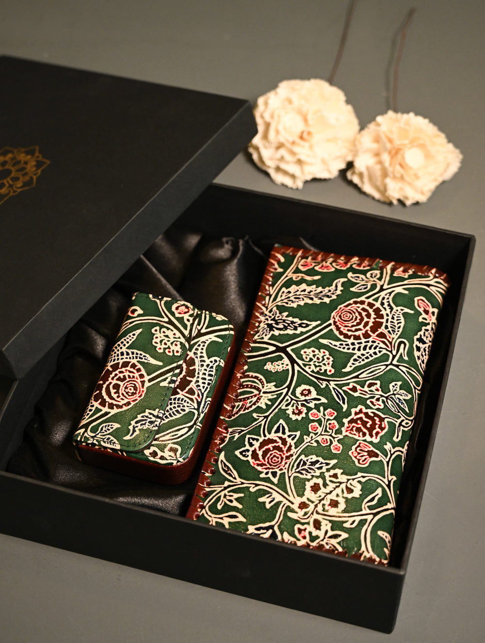 The Traveller’s Collection: Embossed Leather Wallet Set - Emerald Garden (Set of 2)