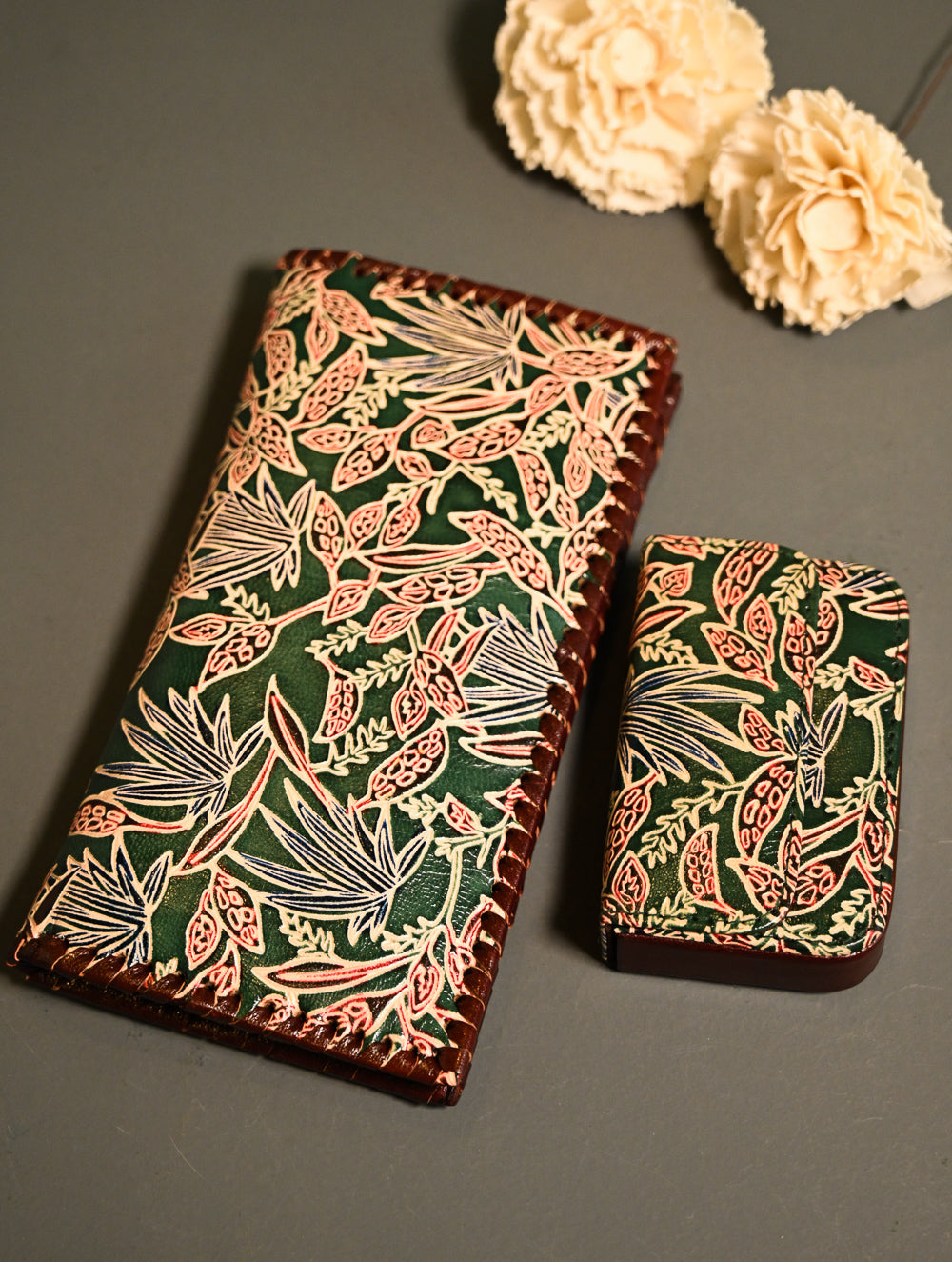The Traveller’s Collection: Embossed Leather Wallet Set - Forest Flora (Set of 2)