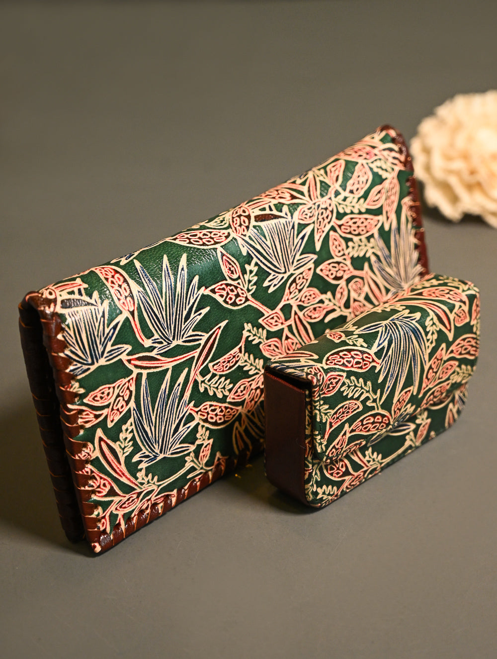 The Traveller’s Collection: Embossed Leather Wallet Set - Forest Flora (Set of 2)