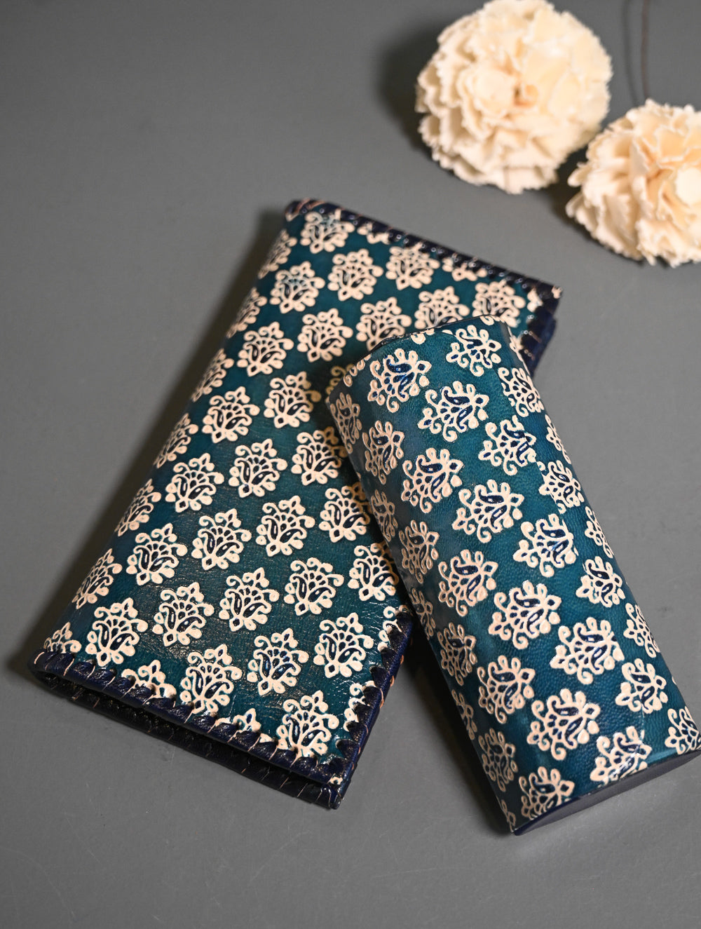 The Traveller’s Collection: Embossed Leather Travel Duo - Teal Buti (Set of 2)
