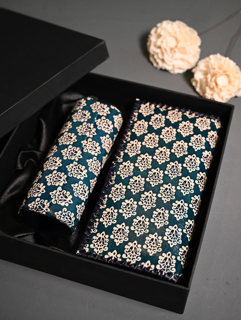 The Traveller’s Collection: Embossed Leather Travel Duo - Teal Buti (Set of 2)