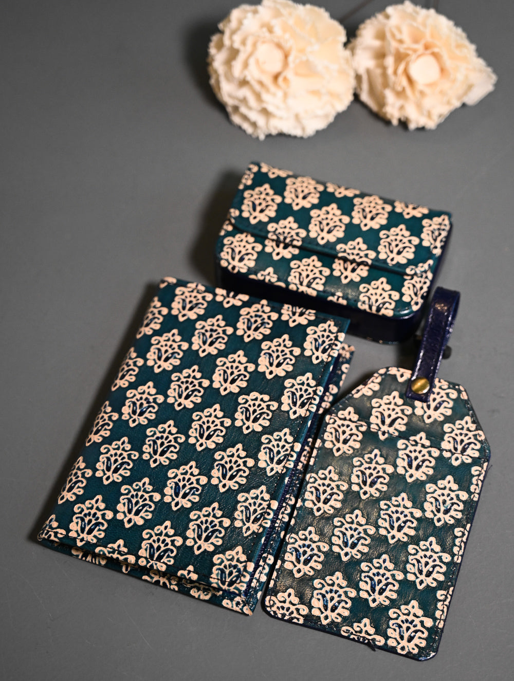 The Traveller’s Collection: Embossed Leather Travel Trio - Teal Buti (Set of 3)