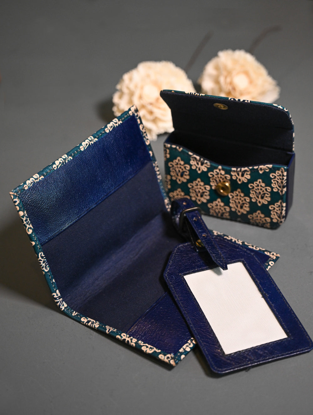 The Traveller’s Collection: Embossed Leather Travel Trio - Teal Buti (Set of 3)
