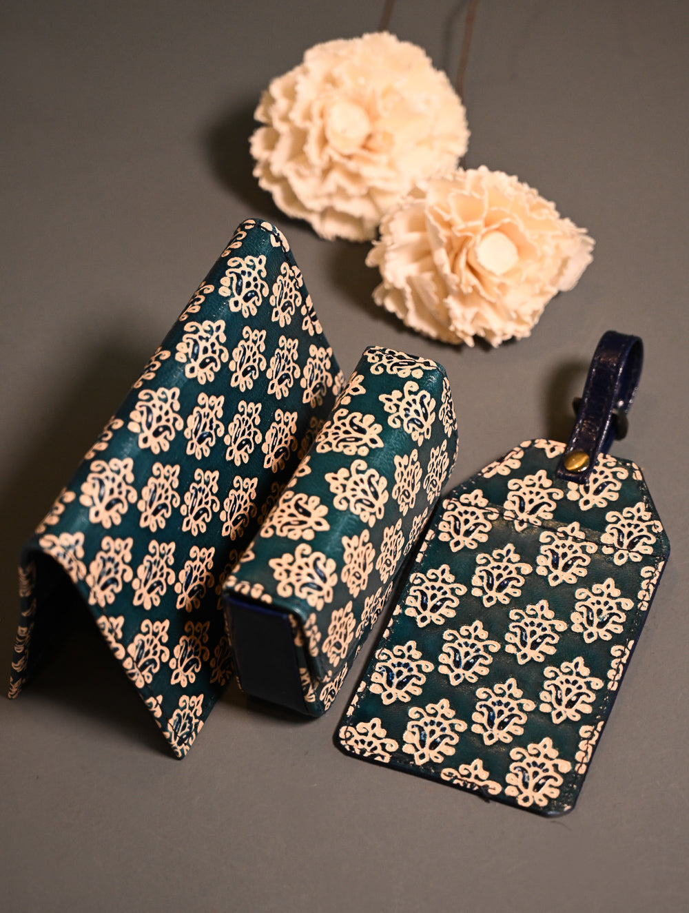 The Traveller’s Collection: Embossed Leather Travel Trio - Teal Buti (Set of 3)