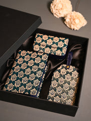 The Traveller’s Collection: Embossed Leather Travel Trio - Teal Buti (Set of 3)
