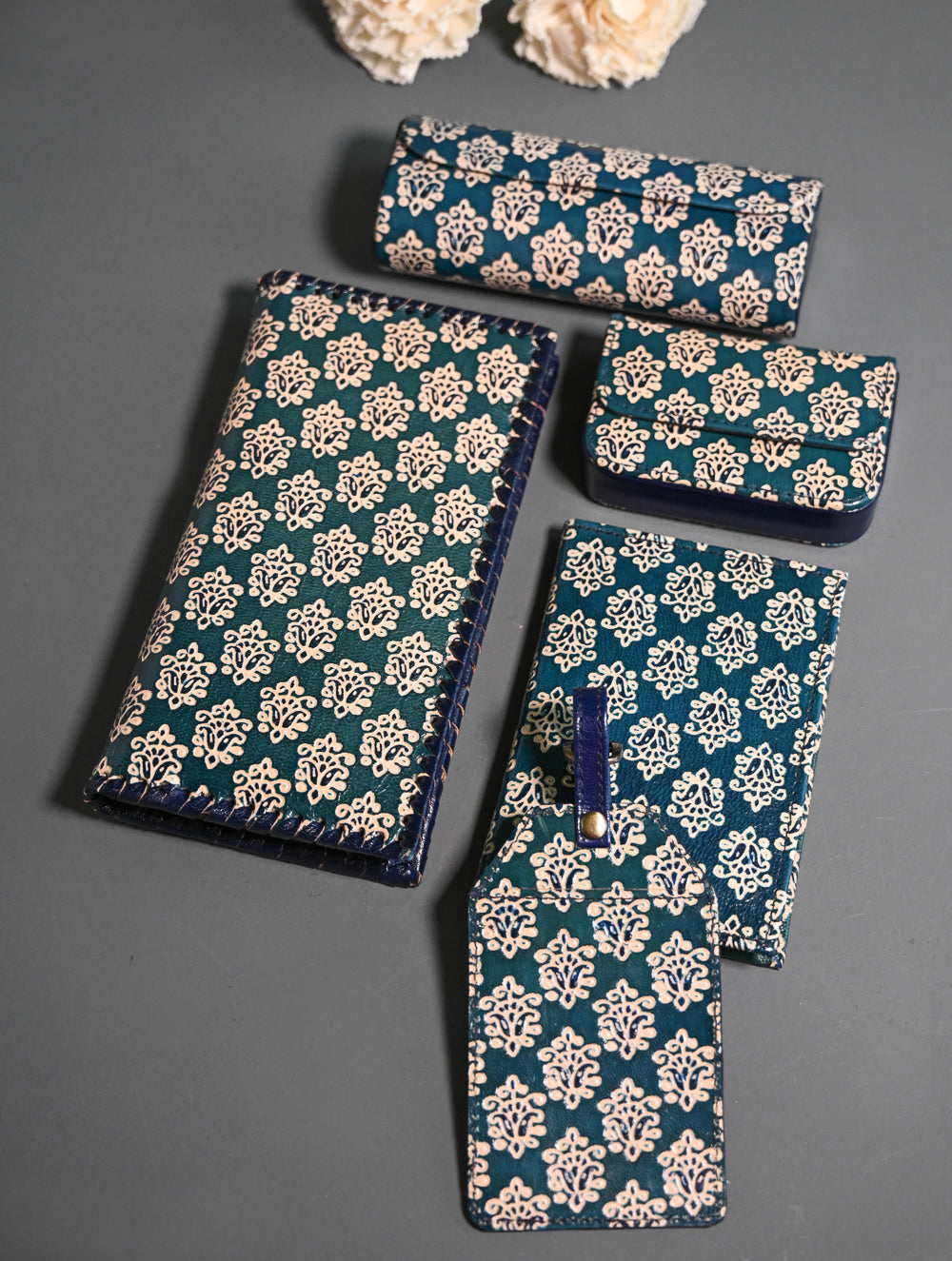 The Traveller’s Collection: Embossed Leather Executive Travel Gift Set - Teal Buti (Set of 5)