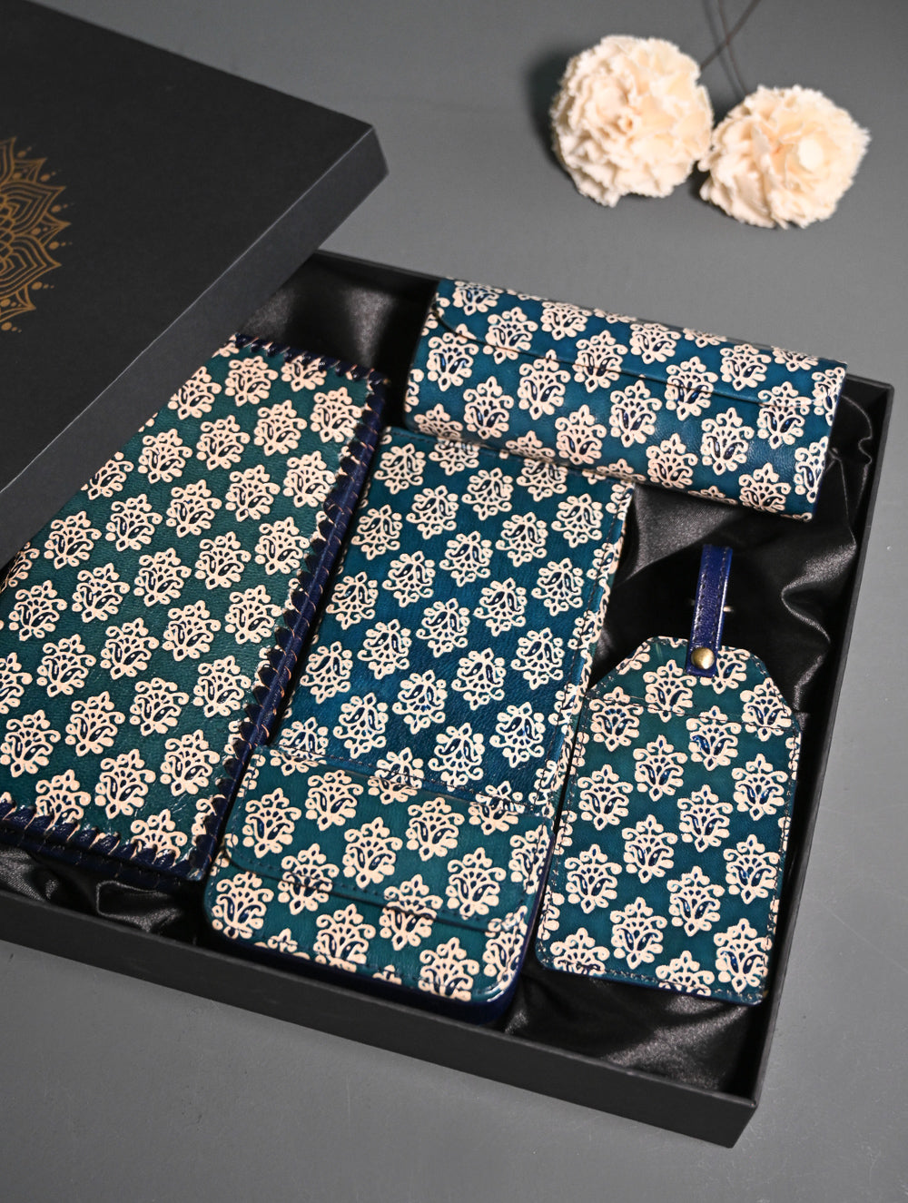 The Traveller’s Collection: Embossed Leather Executive Travel Gift Set - Teal Buti (Set of 5)