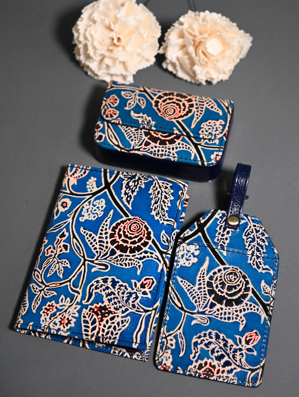 The Traveller’s Collection: Embossed Leather Travel Trio - Azure Garden (Set of 3)
