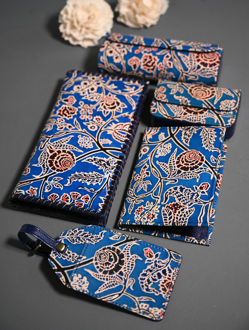 The Traveller’s Collection: Embossed Leather Executive Travel Gift Set - Azure Garden (Set of 5)