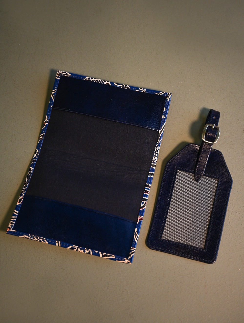 Embossed Leather Travel Set - Indigo Flowers (Set of 2)