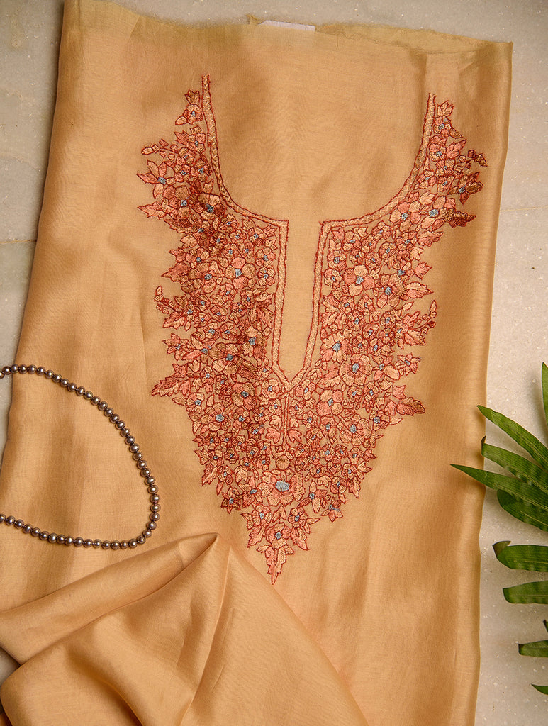 Exclusive, Fine Kashmiri Hand Embroidered Chanderi Kurta / Dress Fabric - Dark Beige & Rust