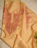 Exclusive, Fine Kashmiri Hand Embroidered Chanderi Kurta / Dress Fabric - Dark Beige & Rust