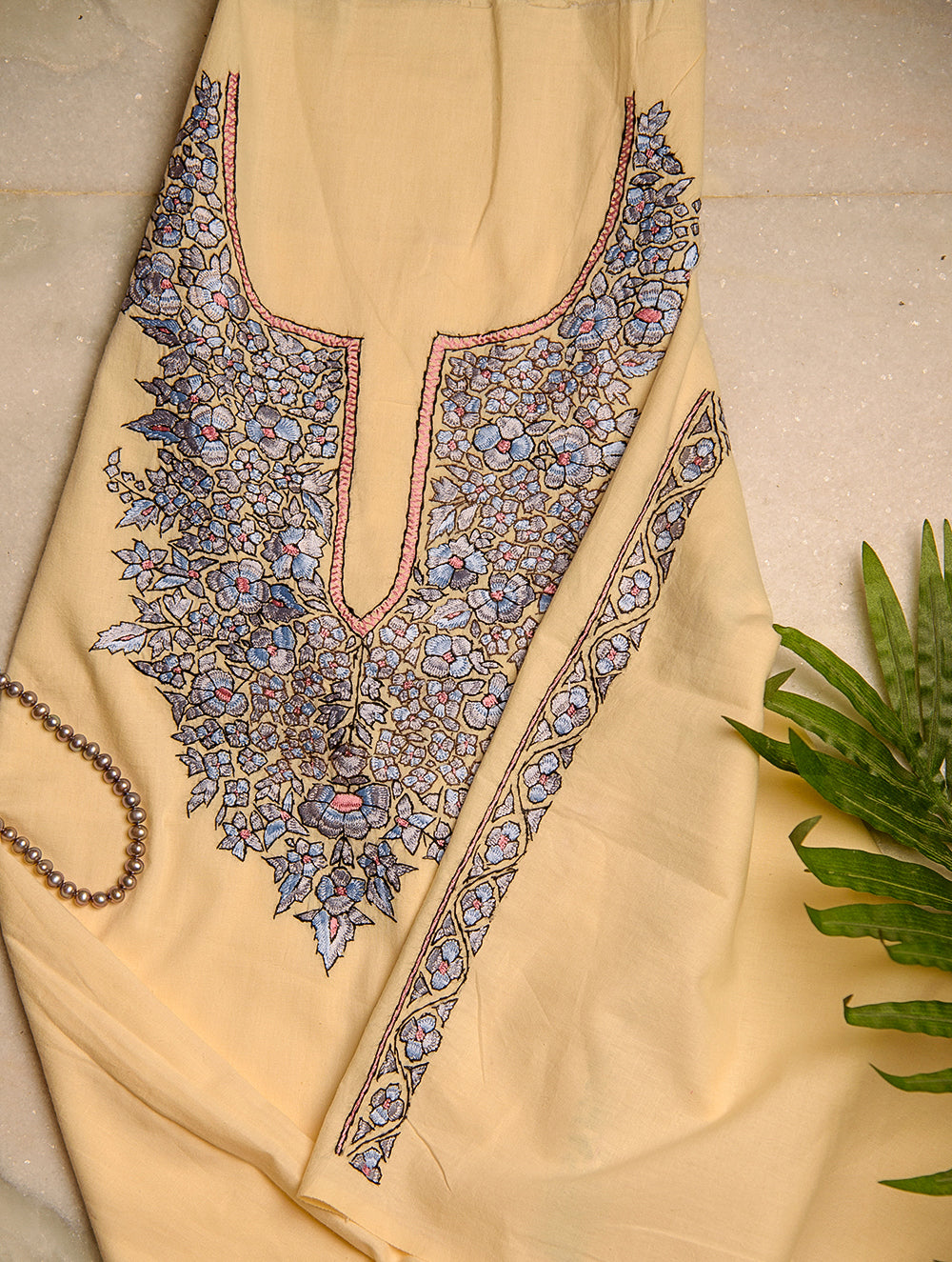 Buy Exclusive, Fine Kashmiri Hand Embroidered Cotton Kurta / Dress Fabric -  Cream & Blue Online
