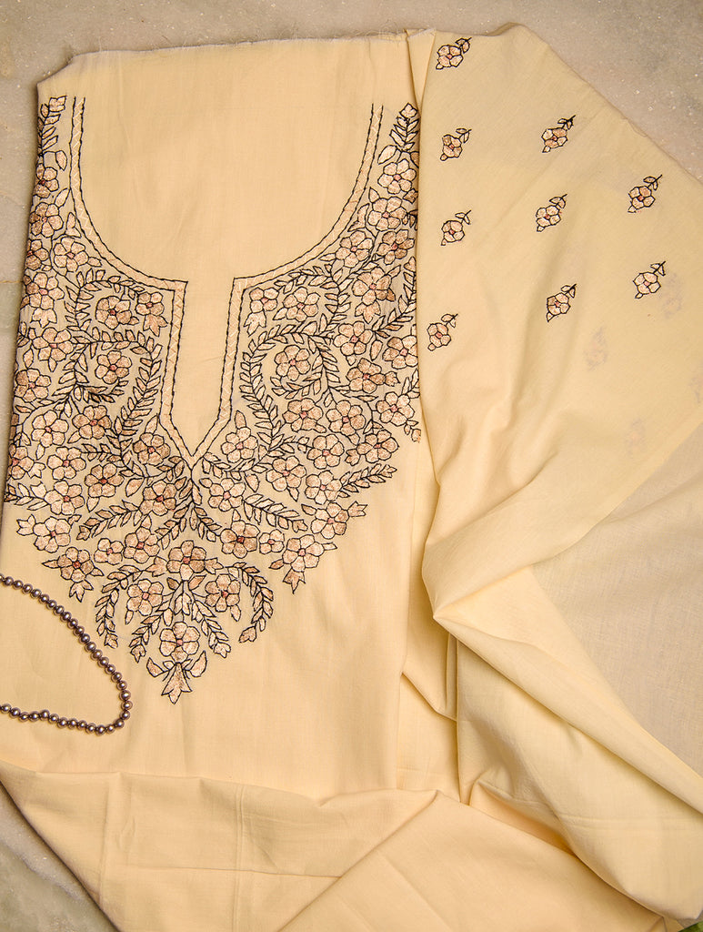 Exclusive, Fine Kashmiri Hand Embroidered Cotton Kurta / Dress Fabric - Shades of Cream