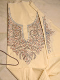 Exclusive, Fine Kashmiri Hand Embroidered Cotton Kurta / Dress Fabric - Cream & Peach
