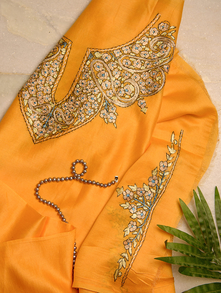 Exclusive, Fine Kashmiri Hand Embroidered Chanderi Kurta / Dress Fabric - Golden Yellow
