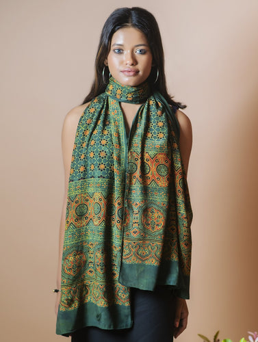 Ajrakh Modal Silk Stole - Green