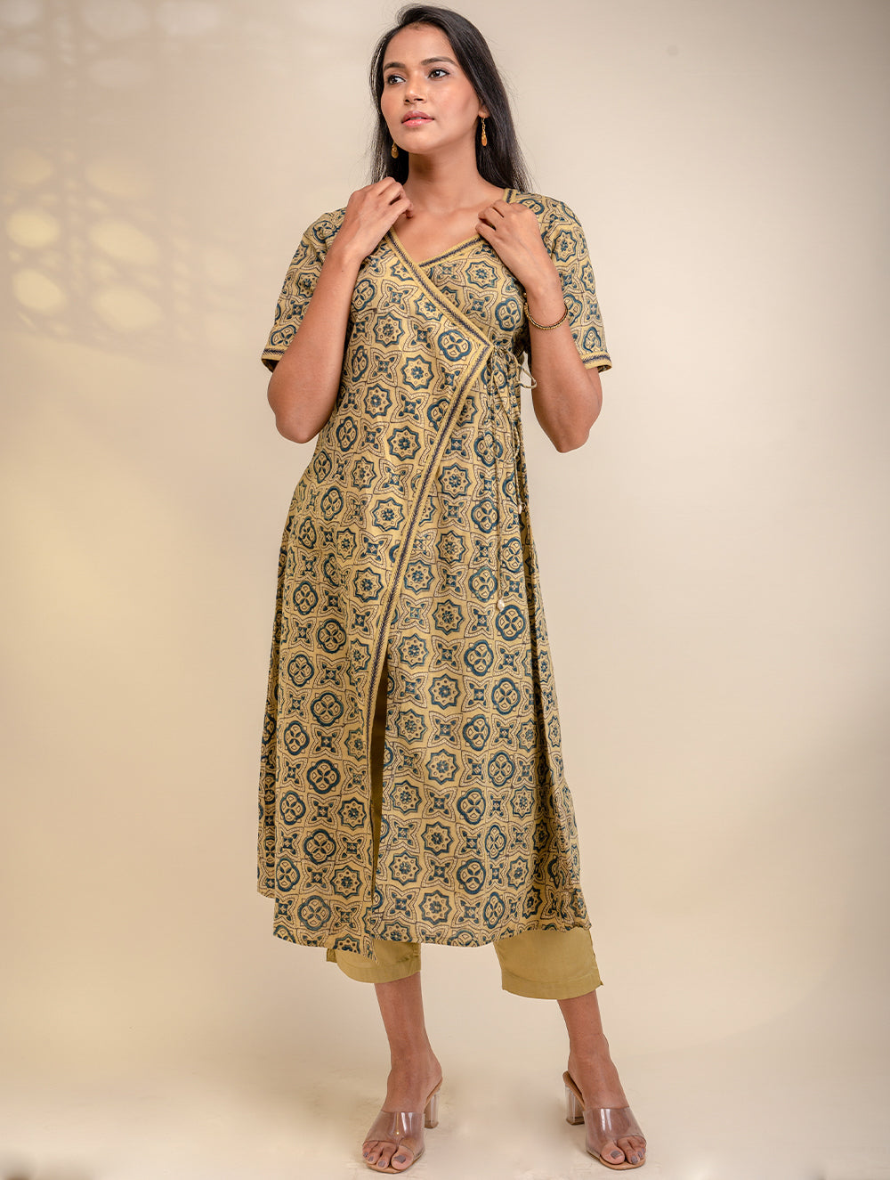Load image into Gallery viewer, Ajrakh Angrakha Kurta &amp; Pants Set With Blue Hand Embroidered Threadwork
