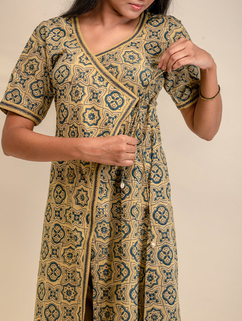 Ajrakh Angrakha Kurta & Pants Set With Blue Hand Embroidered Threadwork