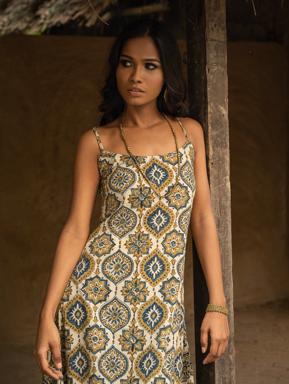 Load image into Gallery viewer, Ajrakh Hand Block Printed Long Cami Dress - Ornate Flora