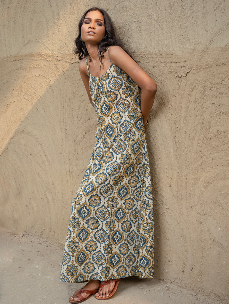 Ajrakh Hand Block Printed Long Cami Dress - Ornate Flora