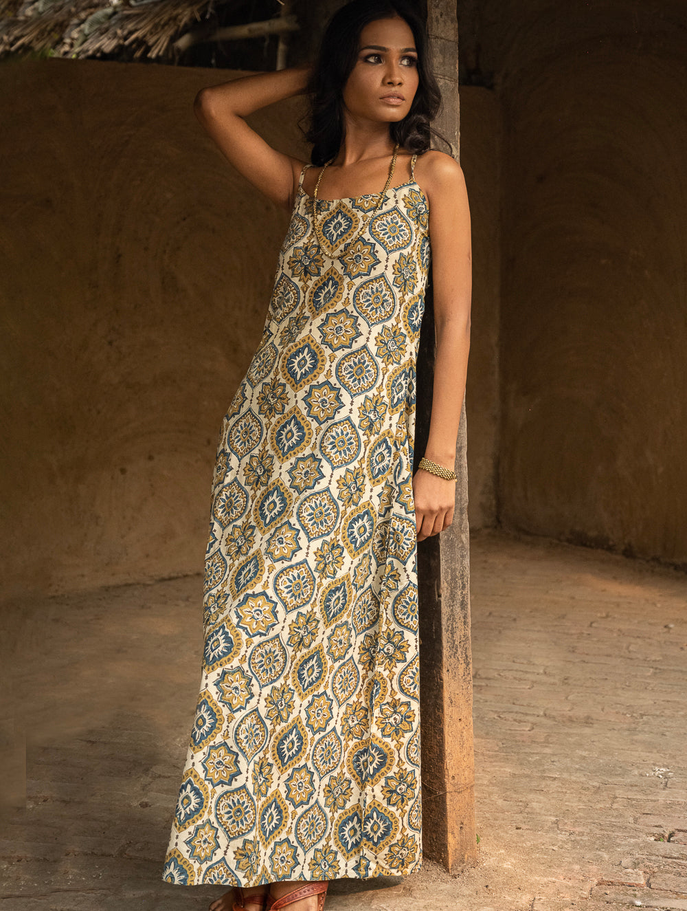 Buy Ajrakh Hand Block Printed Long Cami Dress - Ornate Flora Online