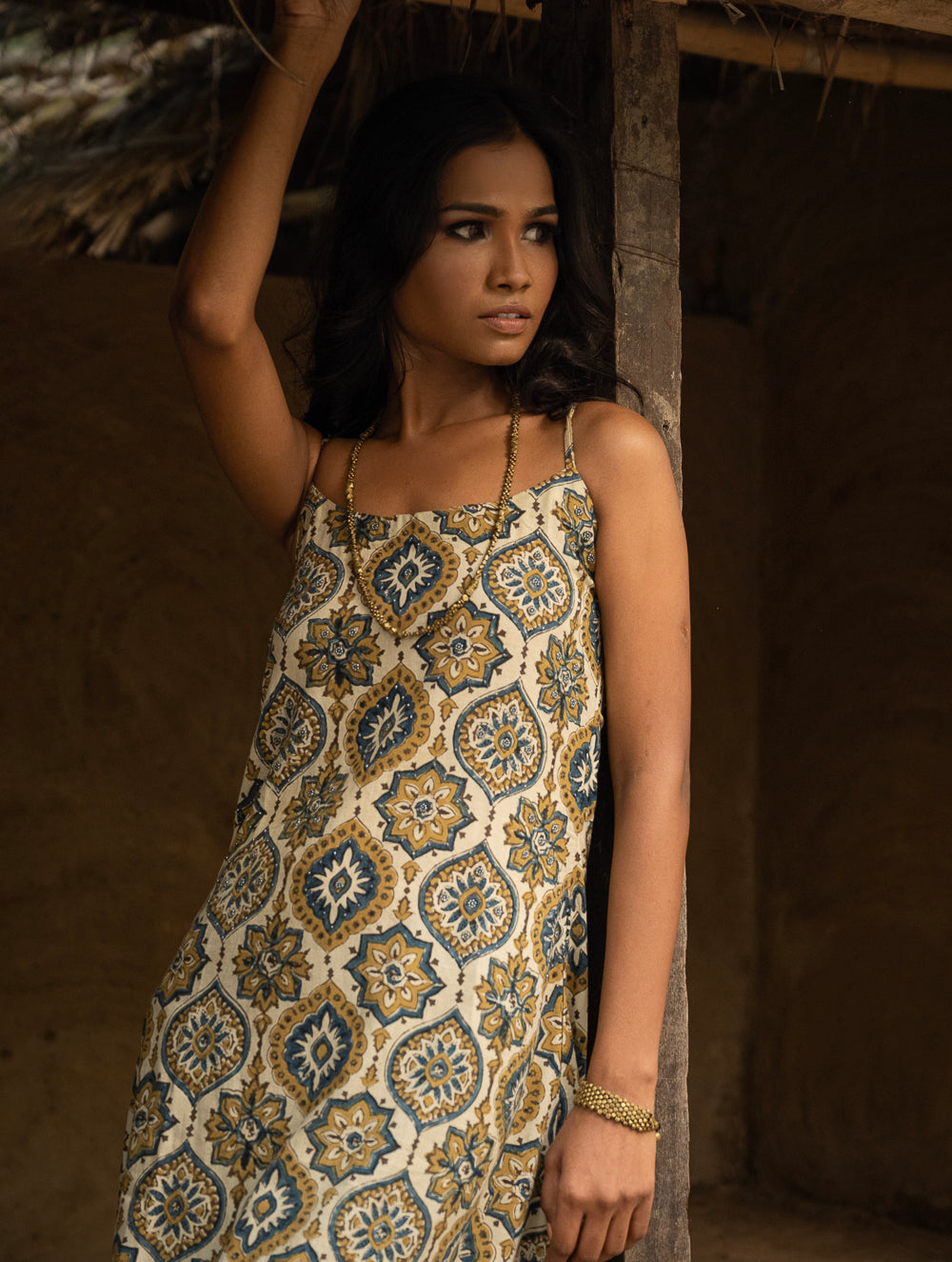 Load image into Gallery viewer, Ajrakh Hand Block Printed Long Cami Dress - Ornate Flora