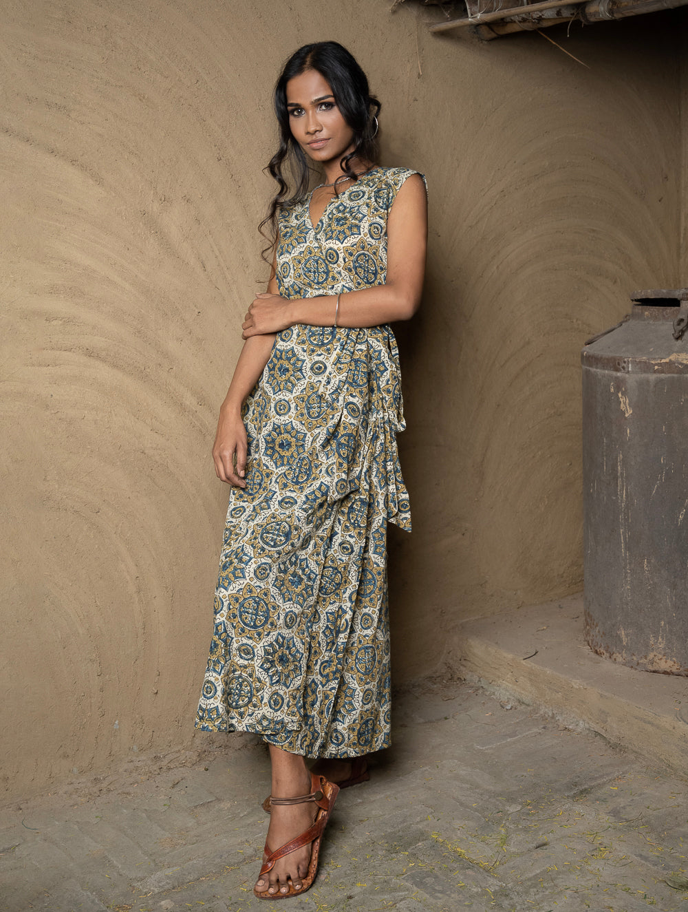 Load image into Gallery viewer, Ajrakh Hand Block Printed Long Wrap Dress - Ornate Flora