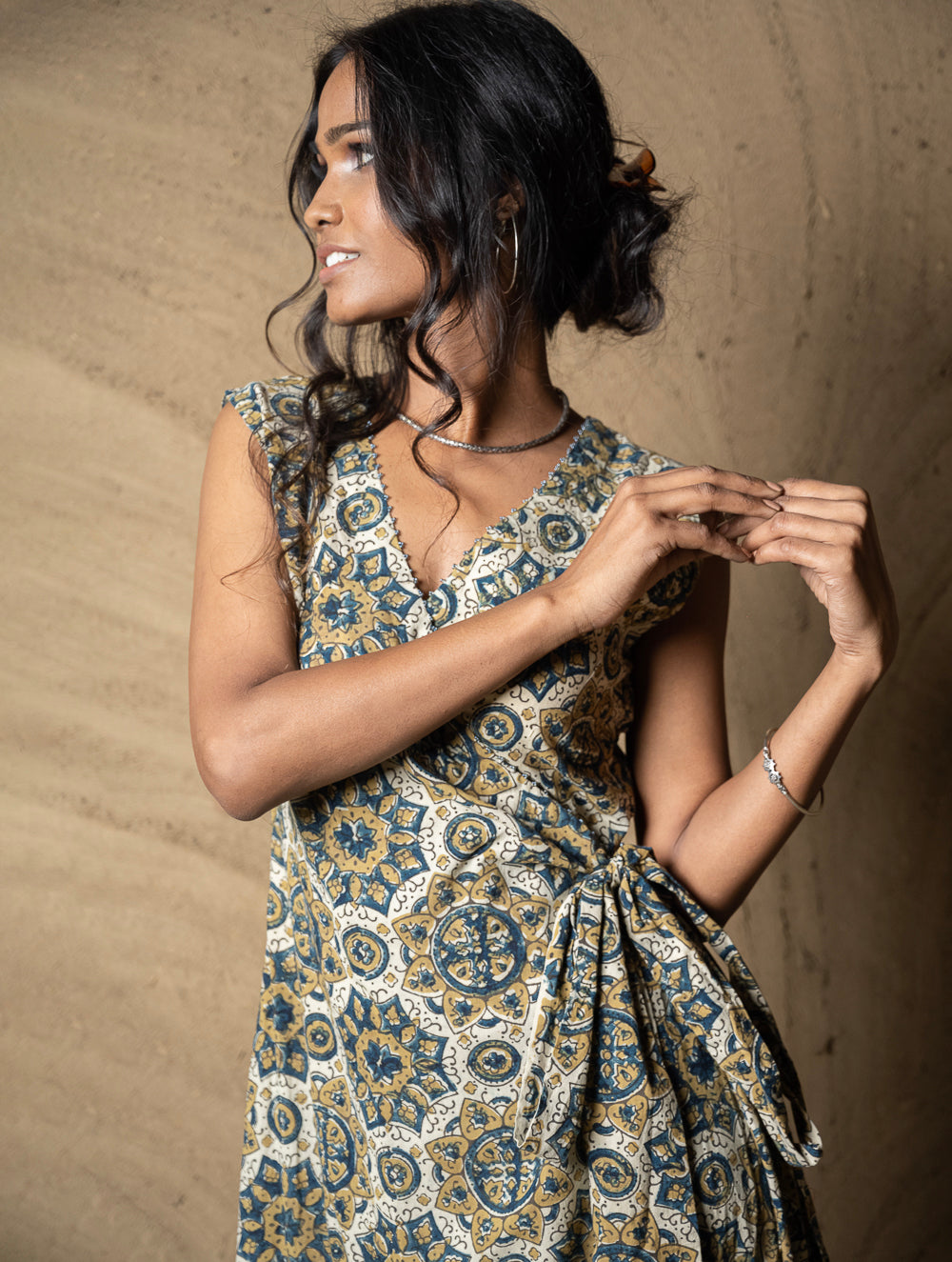Load image into Gallery viewer, Ajrakh Hand Block Printed Long Wrap Dress - Ornate Flora