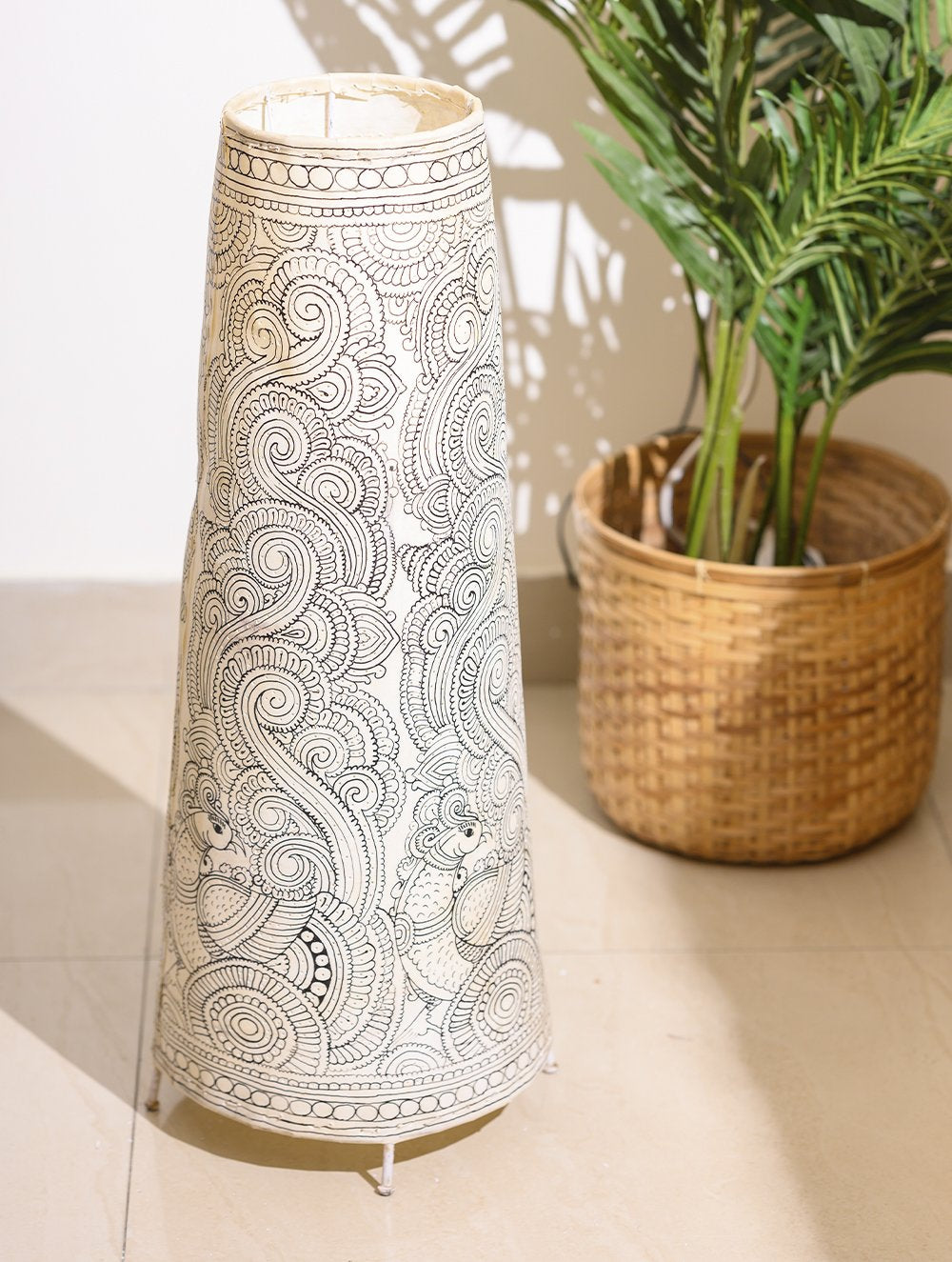 Load image into Gallery viewer, Andhra Leather Craft - Floor Lamp Shade (Large) - Peacocks (White)