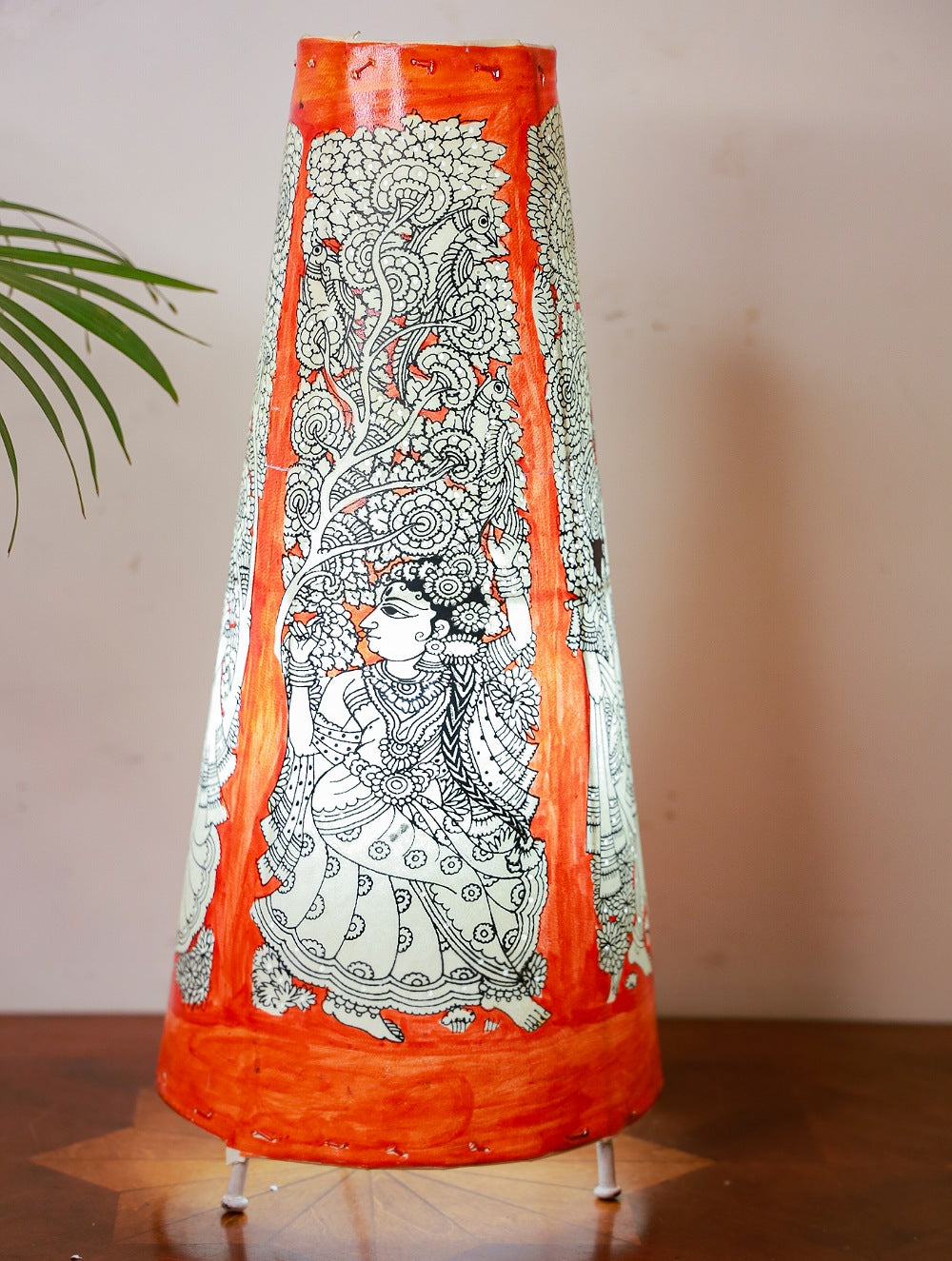 Load image into Gallery viewer, Andhra Leather Craft Deep Orange Lamp Shade - Krishna &amp; Radha