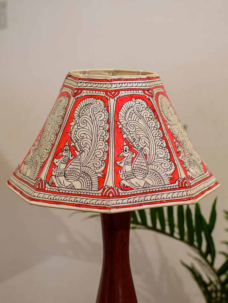 Andhra Leather Craft Table Lamp Shade - Red & White Peacock