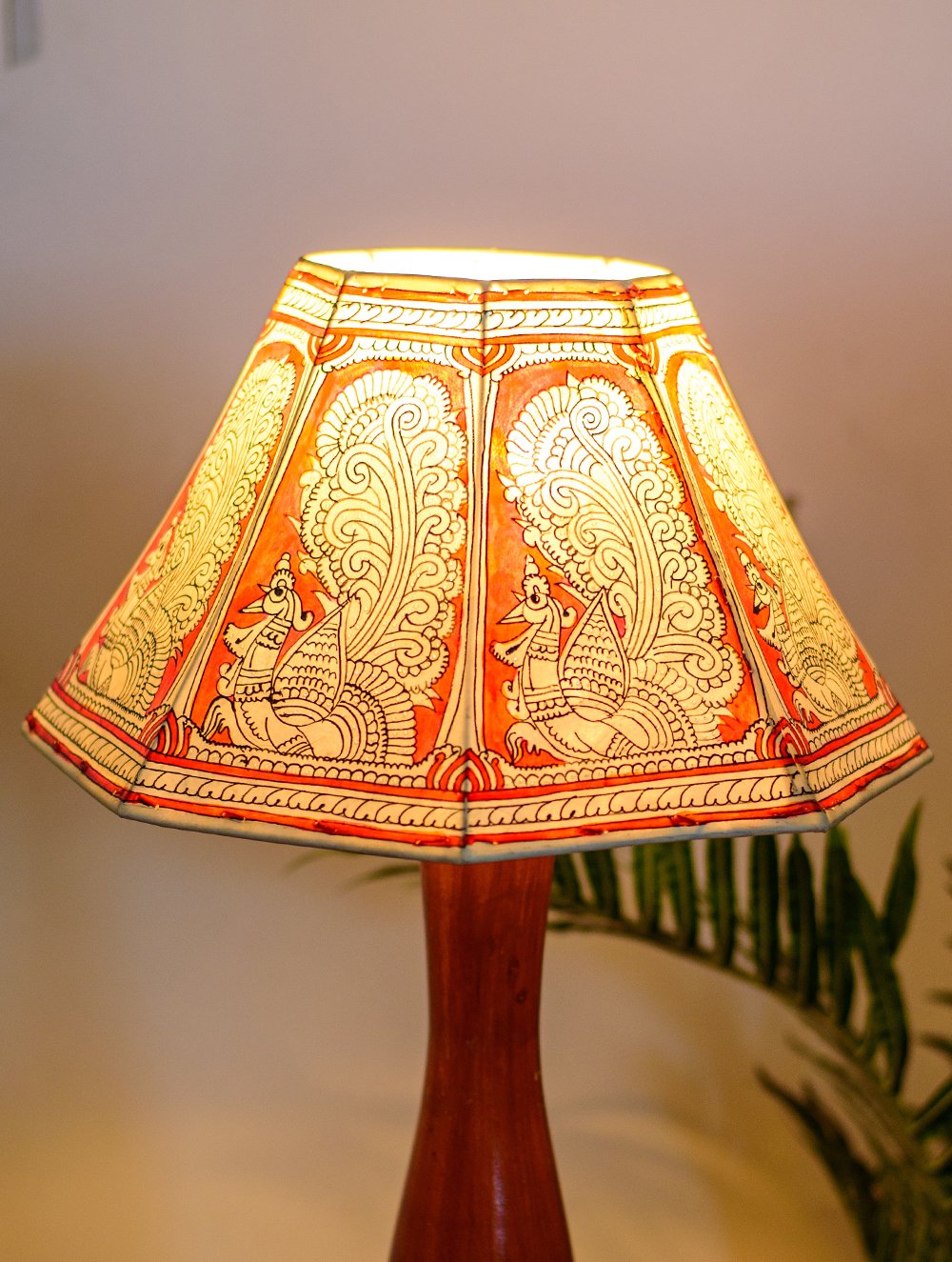 Load image into Gallery viewer, Andhra Leather Craft Table Lamp Shade - Red &amp; White Peacock